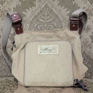 Fossil Beige Canvas Bag with Brown Leather Trim